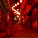 湯平温泉の「石畳通り」には無数の赤提灯（あかちょうちん）が飾られています